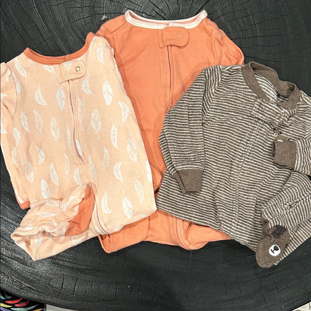 Set of Three Baby Sleepers in Peach and Brown - Bundle